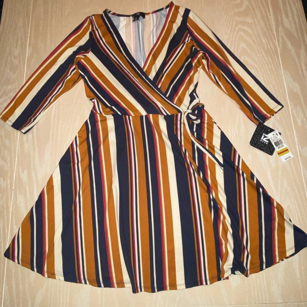 Stripped NWT Faux Wrap Mini Dress - Navy, Red, Tan by Iz Byer